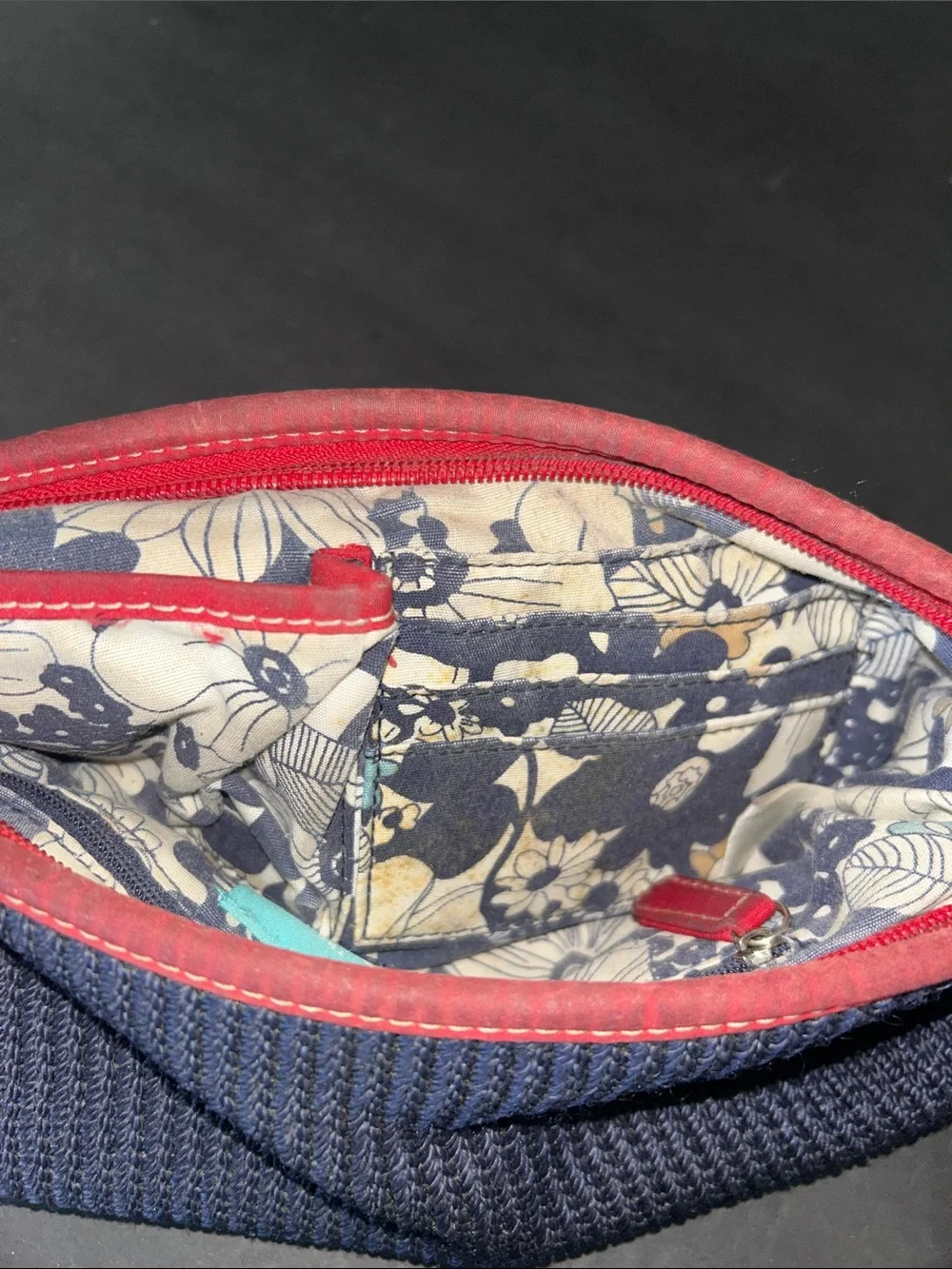 The Sak Navy Blue Crochet Woven Shoulder Bag with Red Trim